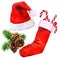 Christmas decoration, red Santa Claus hat, christmas stocking with candy canes and pine branch with three brown cones