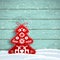Christmas decoration in scandinavian style, red rich decorated tree in front of blue wooden wall, illustration