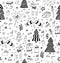 Christmas decoration seamless pattern. Toys, hand drawn gifts, engraving fur-trees, deer and gifts socks.