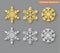 Christmas decoration set, golden and silver glitter covered snowflake