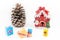 Christmas decoration small house , pincone and gift boxes