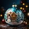 Christmas decoration with snowman, house, and fir tree on bokeh background. Generative AI