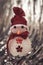 Christmas Decoration snowman on shiny silver christmas paper close up. Art Christmas Greeting Card
