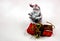 Christmas decoration,snowy figure of Santa Claus and three gift