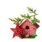 Christmas Decoration (star,birdhouse, a branch of spruce) isola