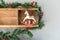 Christmas decoration from a wooden shelf, green branches of fir and pine, mistletoe, pine cone and wooden toy horse