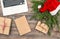 Christmas decoration wrapped gifts Office flat lay vintage