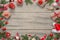 Christmas decorations background image with free space for greeting text. Christmas tree, gifts, car, lantern; pinecones; Santa ha