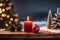 Christmas decorations and candles,chrismas tree,christmas ball on a table.Ai generated