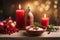 Christmas decorations and candles on a table with christmas balls.Ai generated