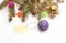 Christmas decorations concept. Everything you need to decorate christmas tree. Decorative ball toy and gift tag copy