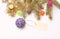 Christmas decorations concept. Everything you need to decorate christmas tree. Decorative ball toy and gift tag copy