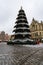 Christmas decorations and constructions at christmas fair at Wroclaw market square at morning