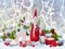 Christmas decorations cute figure elk and gnomes with festive decorations Ð¾n the snow. Christmas or New Year greeting card
