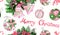 Christmas decorations and greetings, pink and green colors palette, hand painted watercolor illustration, seamless pattern design