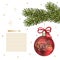 Christmas decorations, illustration. Spruce branch with red Christmas ball and space for text. Fir tree branch isolated