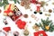 Christmas decorations, postcard, banner for showing, Happy New Year 2021 background with fir branches, with balls, cones and