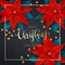 Christmas Decorations with Red Poinsettia and Christmas Lights on Dark Background