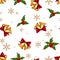 Christmas decorations seamless pattern with gold bells, ribbon and holly berries on white background.