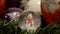 Christmas decorations. Shiny magical crystal ball with snowman and Christmas balls on tree twig. Snowing dome with xmas background