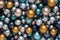 Christmas decorations, top view of pile of glass colored balls, useful as a greeting gift card background