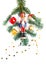 Christmas decorations and tree branch on white background. Striped candy, red apple, nutcracker, golden bell, present, ball and