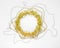 Christmas decorations of yellow and golden color on a white background - chain of balls, beads, round circle of tinsel. New year