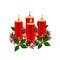 Christmas decorative composition. Four burning wax candles of re