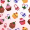 Christmas decorative cupcakes with a candle. Seamless patterns. Vector