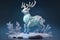 Christmas deer stand on the small snow island on blue background