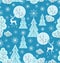 Christmas deers. Tree. Snowflakes. Seamless pattern.
