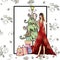 Christmas design with elegantly dressed woman with christmas tree