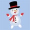 Christmas design with a happy snowman. Cute snowman vector design on a blue background. A winter snowman with neck muffler, gloves