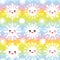 Christmas design seamless pattern, Kawaii white snowflake set funny face with eyes and pink cheeks on blue mint orange pink lilac