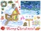 Christmas design set with cute country house, winter landscape, fence, holiday objects