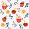 Christmas dessert seamless pattern. Coffee with whipped cream lollipop apple in chocolate and muffin and twigs with berries.