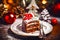 Christmas desserts Swiss roll decorated on table, gourmet party background, generative AI