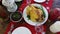 Christmas dinner with the family. turkey, duck or goose on the table. top view. serving table