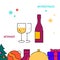 Christmas dinner, festive table wine and glasses filled line icon, simple illustration