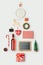 Christmas dinner objects organized as christmas tree for mock up template design. View from above.