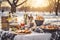 Christmas dinner outdoors, featuring a gourmet picnic spread with dishes like smoked salmon, champagne infused salads