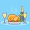 Christmas dinner with roasted chicken, bottle and glasses of champagne