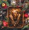 Christmas dinner. Roasted stuffed turkey served with fresh cranberries, pine branches on rustic background with burning candles,