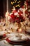 Christmas dinner table decorated with gold and red decorations by Generative AI
