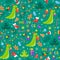 Christmas dinosaurs carry gifts to each other and hug. Cute seamless Christmas pattern for textiles and wrapping paper.