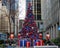 Christmas display with tree, gifts and Nutcrackers in Fox Square on 6th Avenue in New York City