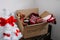 Christmas Donation hampers, Help Refugees and homeless. Xmas Charity Donation box with warm clothes, food and toys near