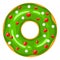 Christmas donut. Green donut are decorated with sweet festive balloons. Cartoon Christmas sweets. X-mas donut, vector