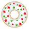 Christmas donut. White donut are decorated with sweet festive red stars and green balloons. Cartoon Christmas sweets. X