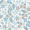 Christmas doodles seamless pattern. Pattern in pastel colors from New Year\\\'s attributes - candy, stars, socks